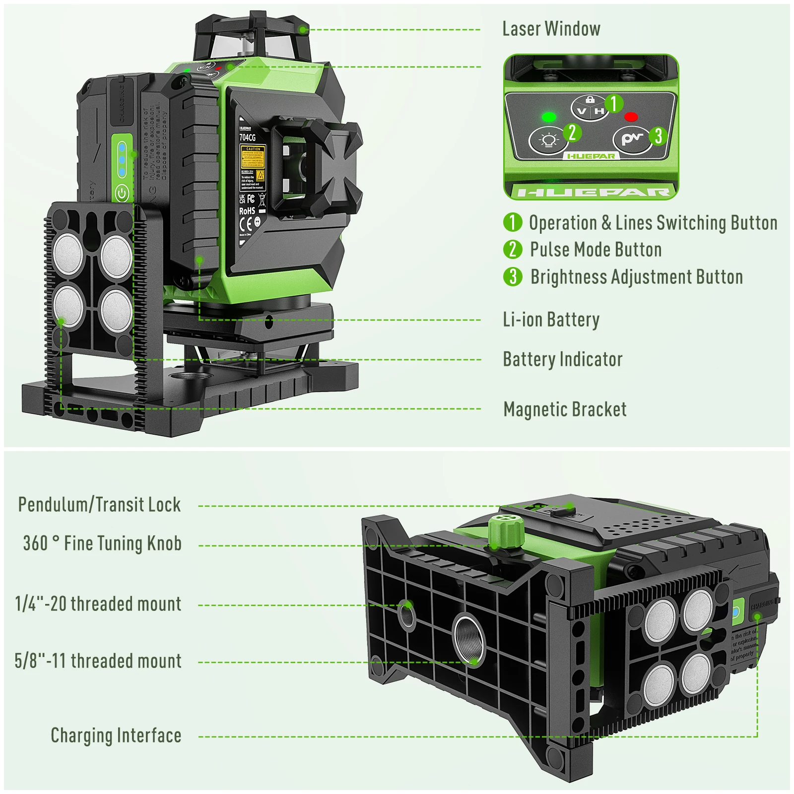 Laser Level 16 Lines 4D Green - Huepar 704CG Dijital 4D 16 Çizgili